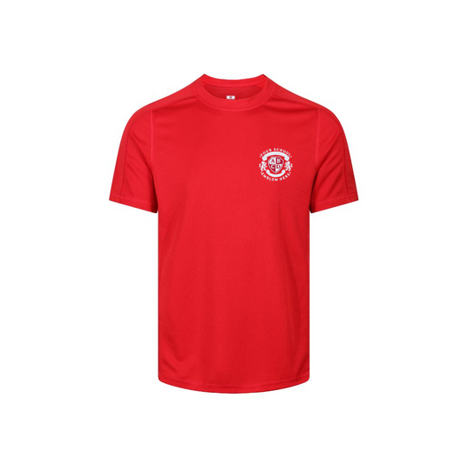 Sports T-Shirt - Red featuring a prominent logo, crafted from quick-dry piquet knit fabric, showcasing top-stitched shoulders and sleeves for comfort and performance. Sports T-Shirt - Red featuring a prominent logo, crafted from quick-dry piquet knit fabric, showcasing top-stitched shoulders and sleeves for comfort and performance.