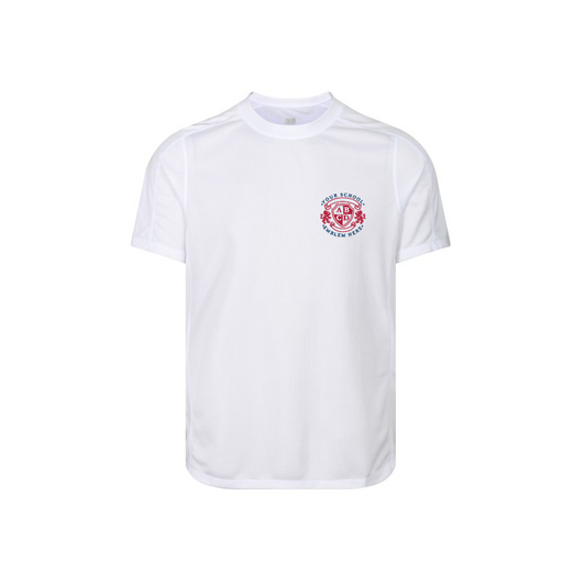 Sports T-Shirt - White featuring a logo, made from quick dry fabric with top-stitched shoulders and sleeves, designed for school sports activities. Sports T-Shirt - White featuring a logo, made from quick dry fabric with top-stitched shoulders and sleeves, designed for school sports activities.