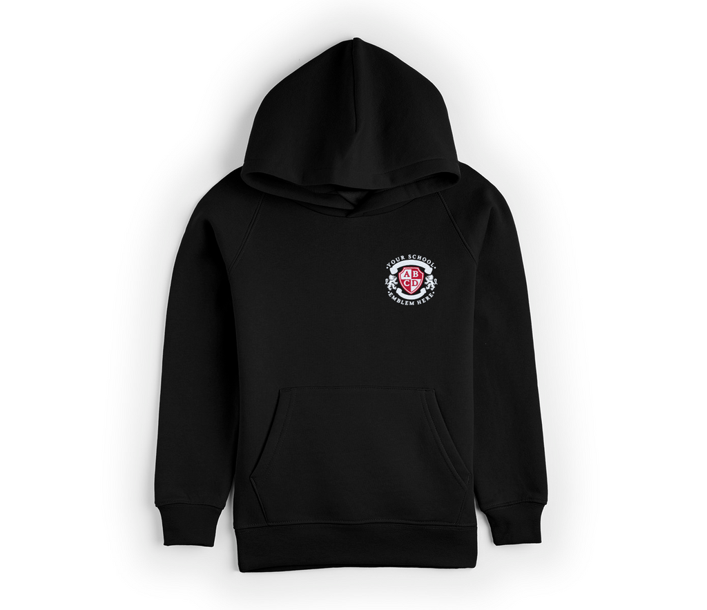 Leavers Hoodie 2025 - Black, featuring a logo, front pocket, and drop shoulder style. Made from soft, durable 50% polyester/50% cotton fabric.