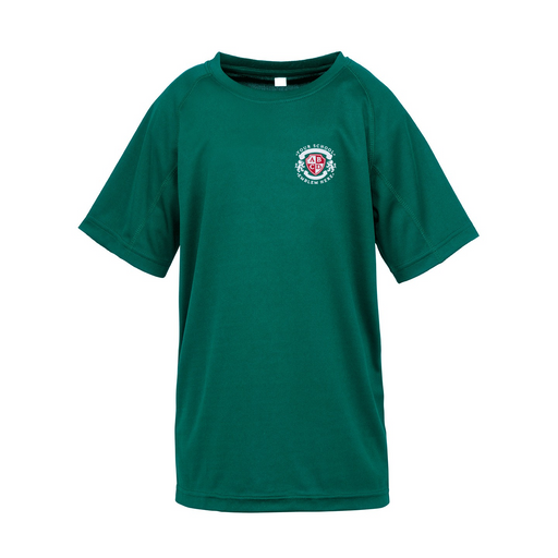 Sports T-Shirt - Bottle Green featuring a logo, crafted from quick-dry microfibre, offering enhanced breathability, full fit comfort, and durable stitching on sleeves.
