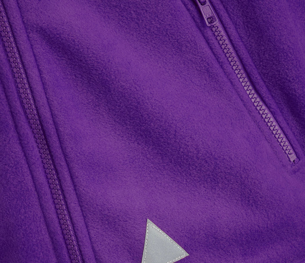 Zeco Polar Fleece - Purple, showing vertical YKK zippers, elasticated cuffs, and a triangular stitched detail, made from heavyweight anti-pill fleece with front zip pockets.