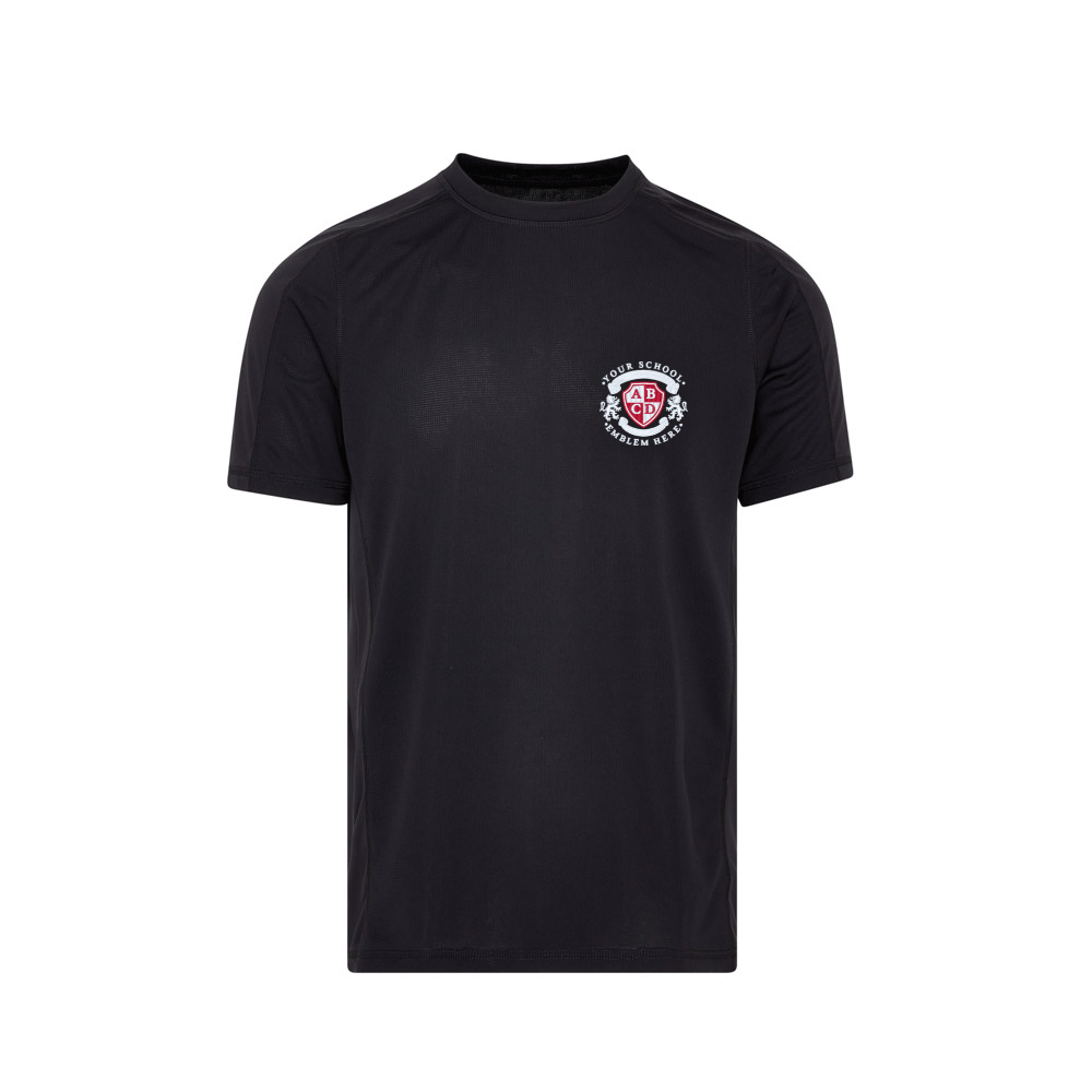 Sports T-Shirt - Black featuring a logo, crafted from quick-dry piquet knit fabric, with top-stitched shoulders and sleeves for comfortable sports performance.