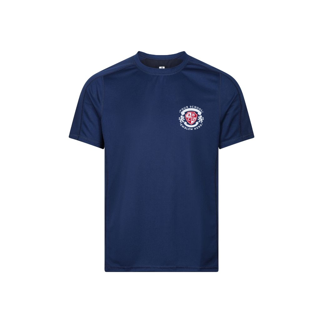 Sports T-Shirt - Navy featuring a logo, crafted from quick-dry microfiber, showcasing top-stitched shoulders, offering a comfortable, full fit ideal for school sports.