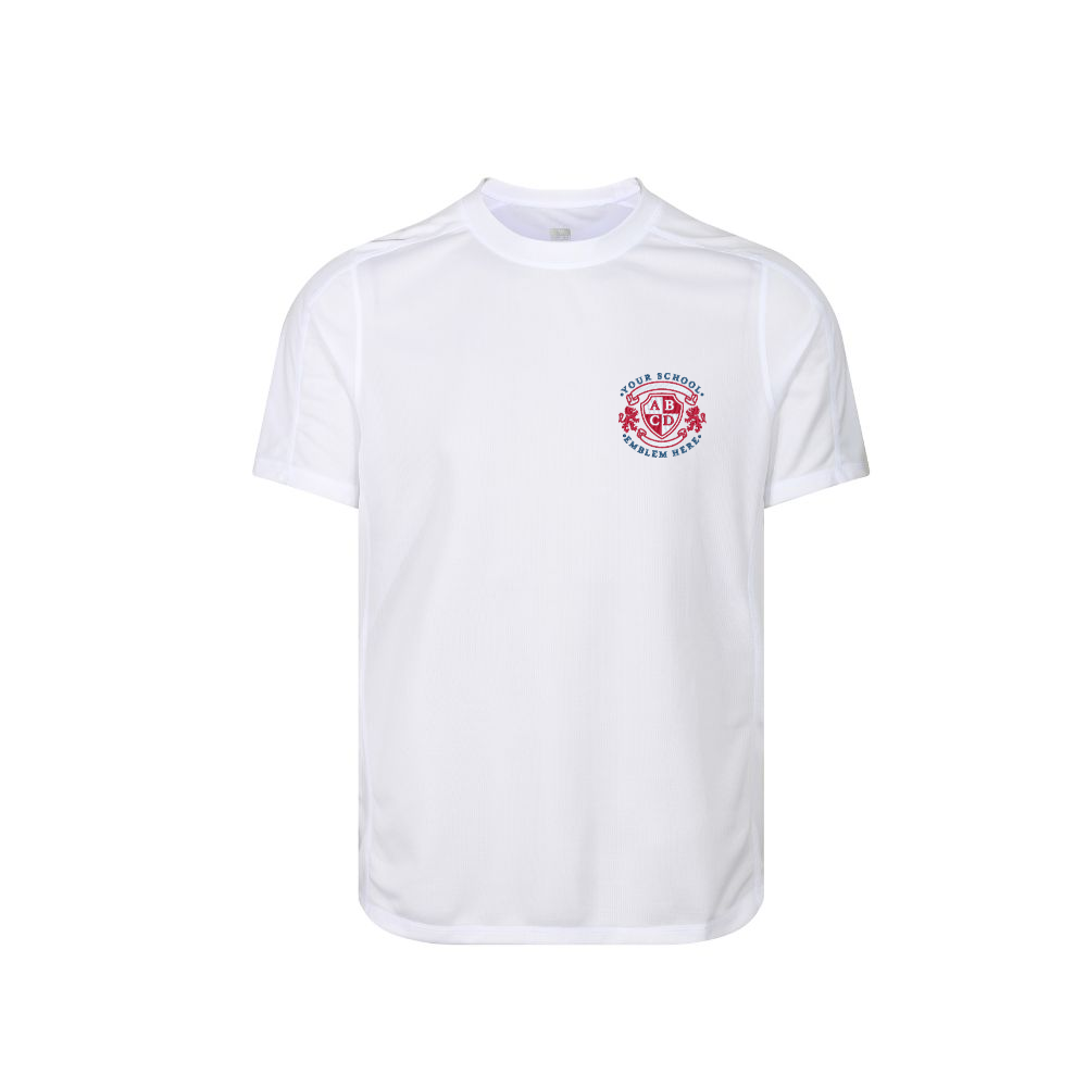 Sports T-Shirt - White featuring a logo, made from quick dry fabric with top-stitched shoulders and sleeves, designed for school sports activities.